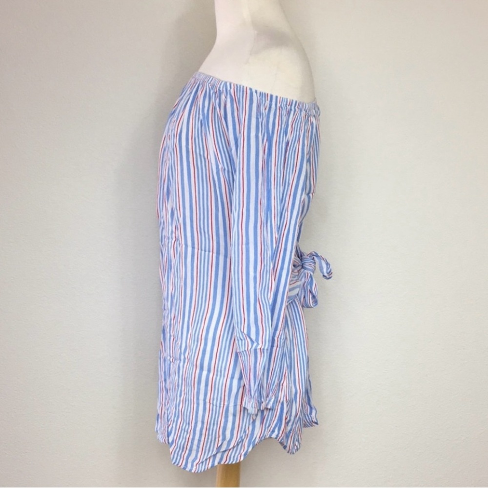 Lucy Love Blue White Stripe Off Shoulder Balloon Sleeve Blouse Tunic Size Large - Picture 3 of 16